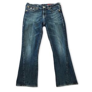 Vigoss Womens 11 Flare Asymmetric Seam Jeans Flap Pockets Whiskered Thick Stitch